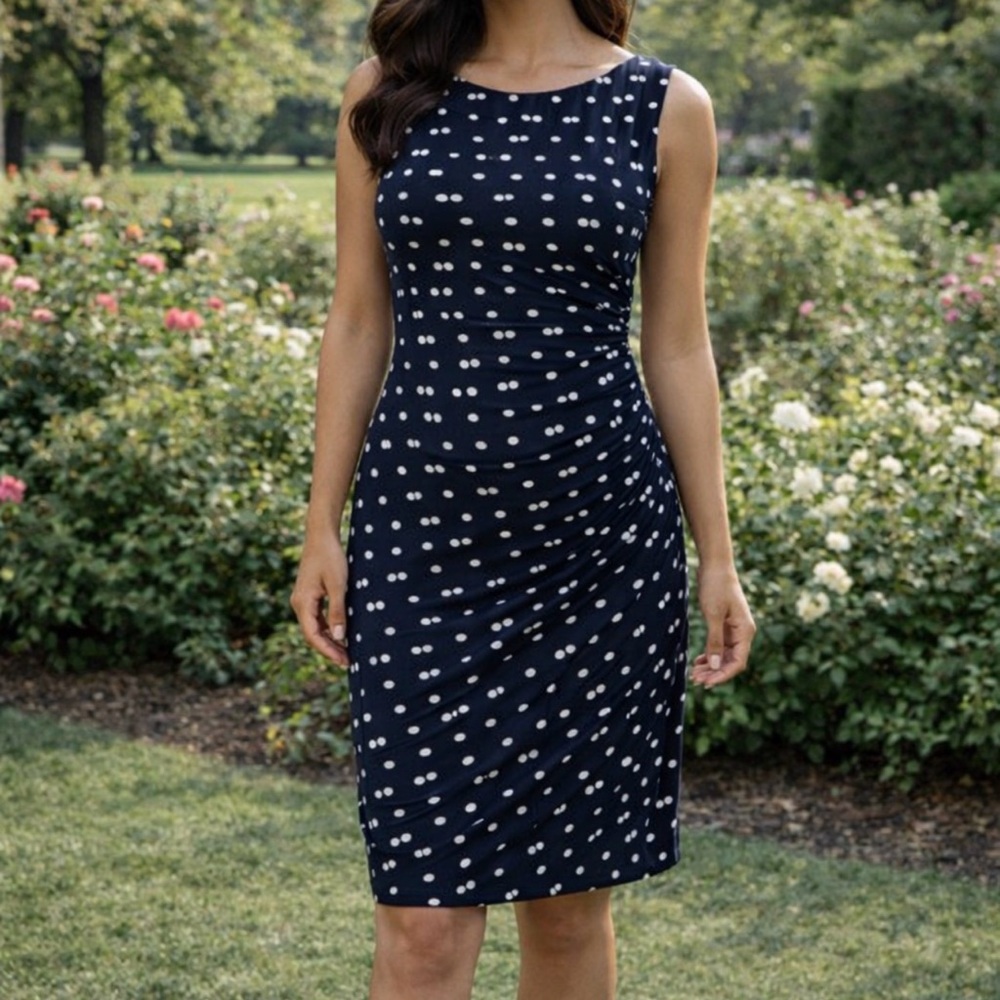 Anne Klein Dress Navy Blue Ivory 12 Polka Dot Career Church Stretch Sheath
